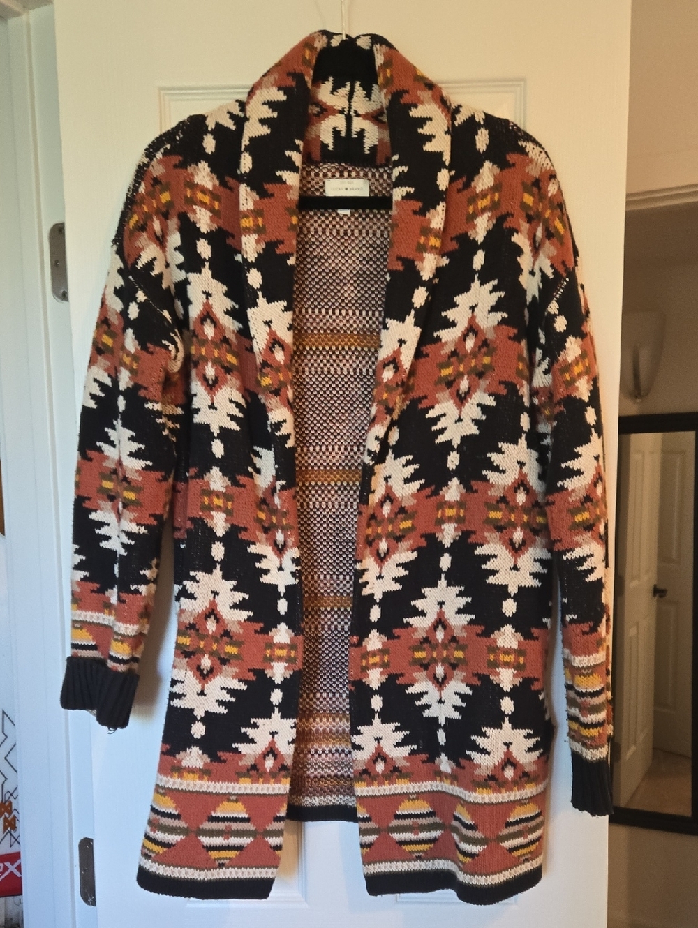 Lucky Brand Open-Front Aztec Cardigan Sweater in Rust, Black & Cream